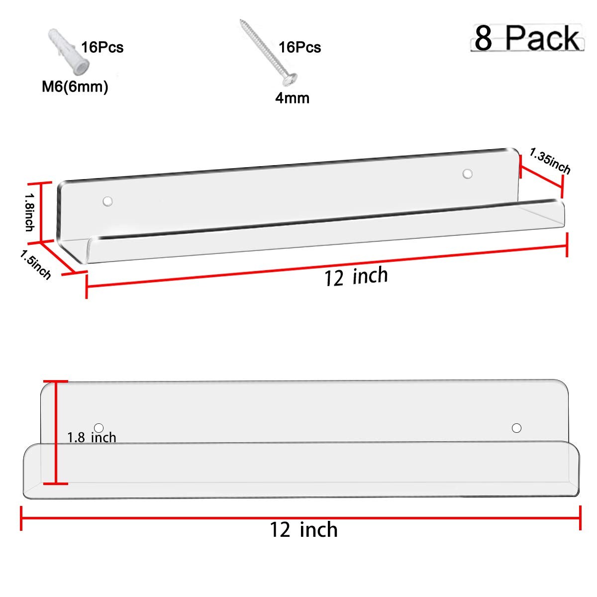 8 Pack 12'' Clear Acrylic Record Display Shelf - Wall Mount and Display Your ...