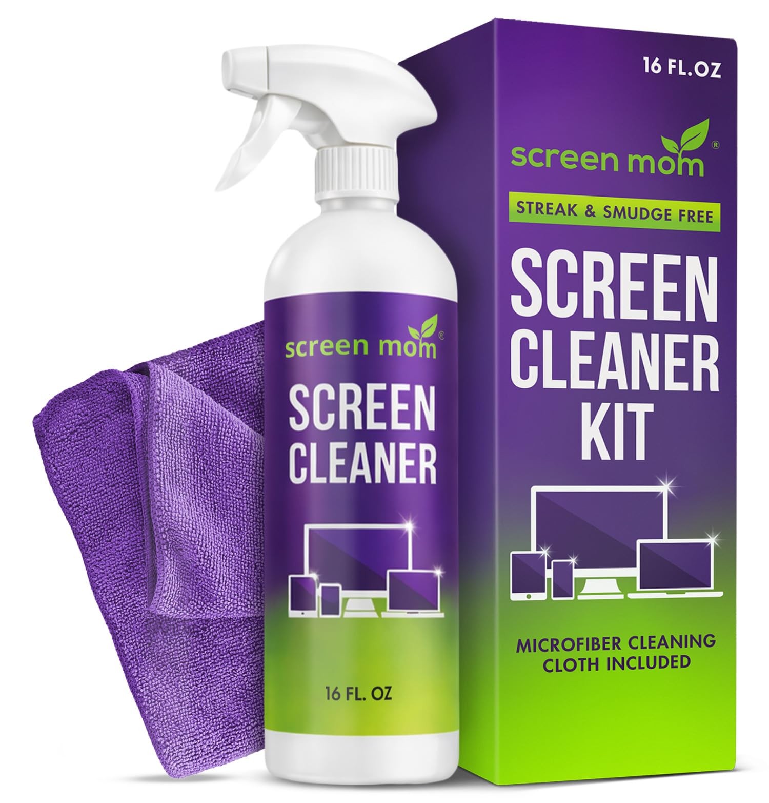 Screen Mom Cleaner Spray and Microfiber 16 Fl Oz (Pack of 1), purple