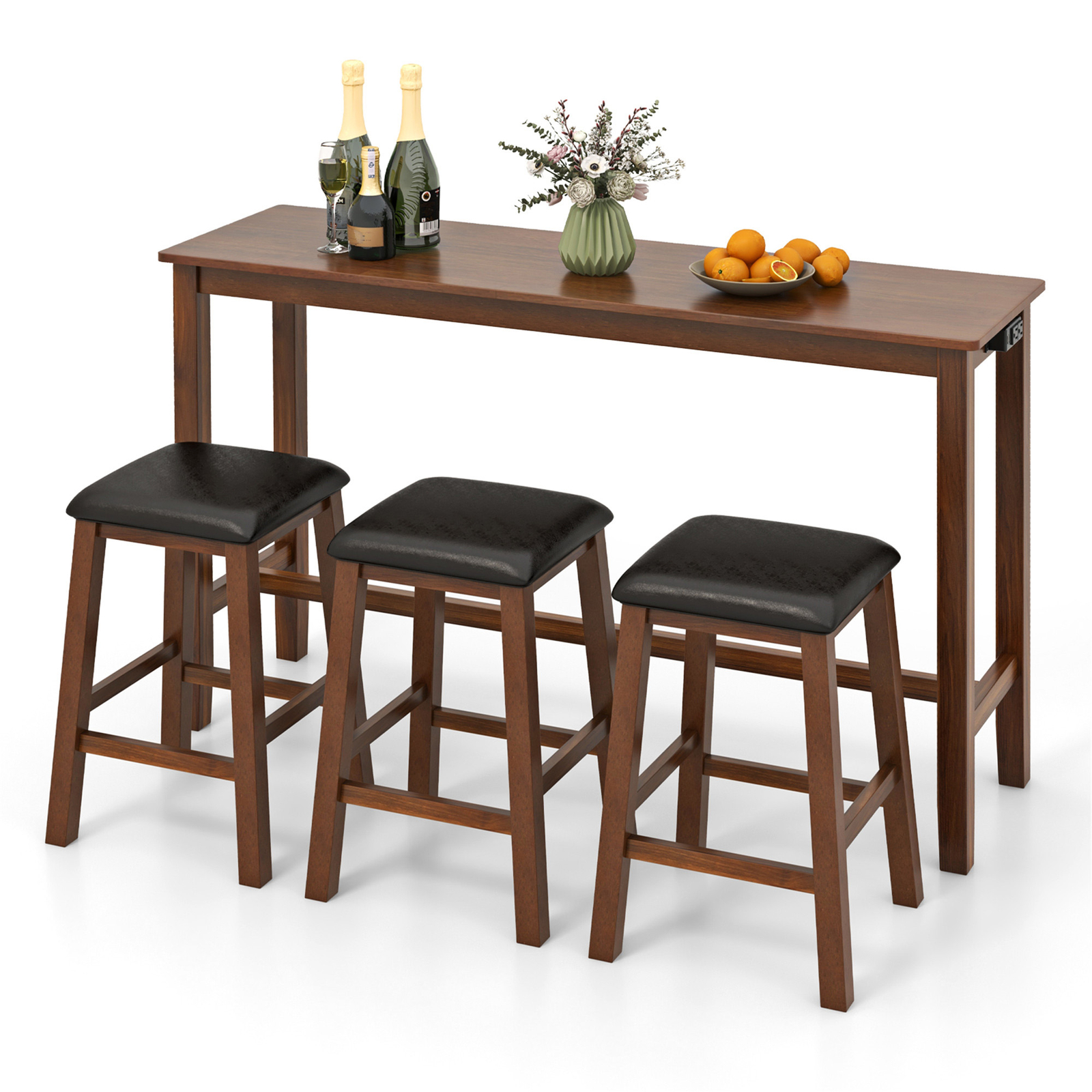 4-Piece Bar Table Set w/ Power Outlet Counter-Height Table & 3 Bar Stools