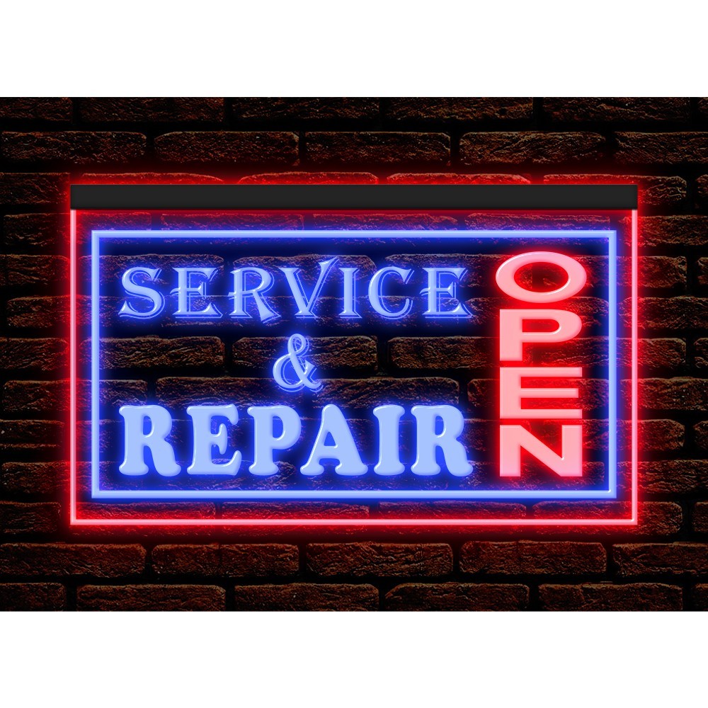 OPEN Service & Repair Auto Shop Garage Dual Color Two Tone illuminated Neon Sign