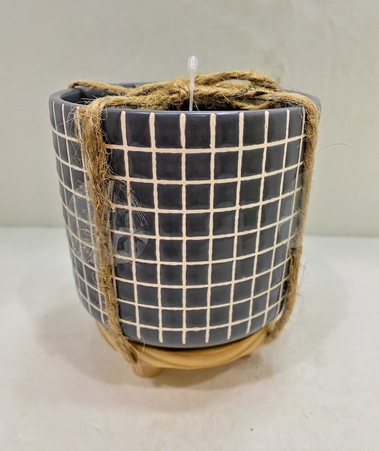 Gray Tiled Checkered Planter with Wooden Base