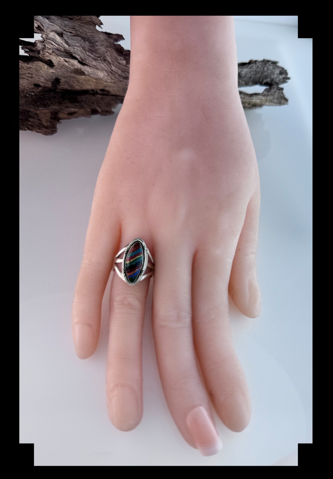 Sterling and Rainbow Calsilica Ring Size 5