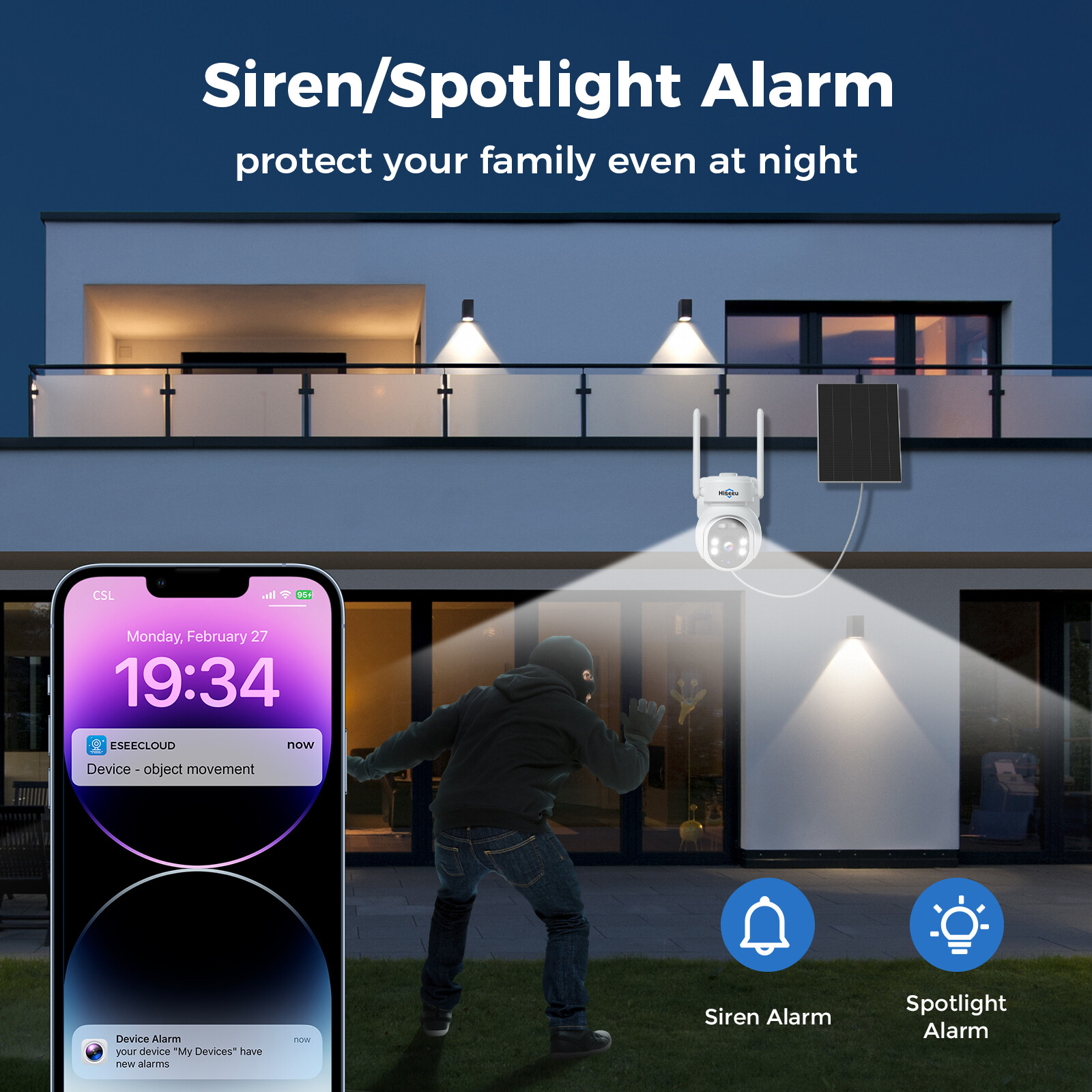 Hiseeu WIFI Solar Panel Battery 4MP Wireless PTZ Security Camera PIR Full Color