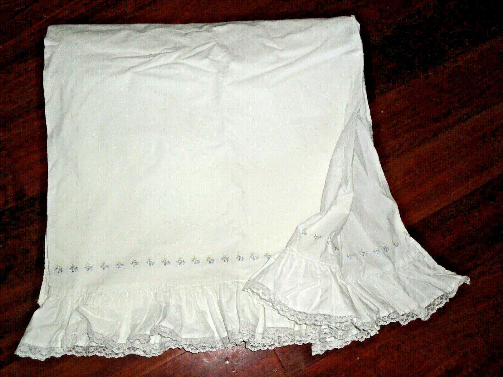 SPRINGS COTTAGE WHITE BLUE YELLOW EMBROIDERED LACE RUFFLED TWIN FLAT SHEET 70X90