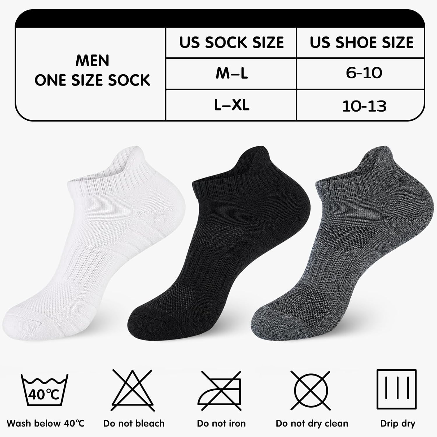Mens 100% Cotton Ankel Socks, Athletic Cushioned Medium-Large, 5 Pairs White