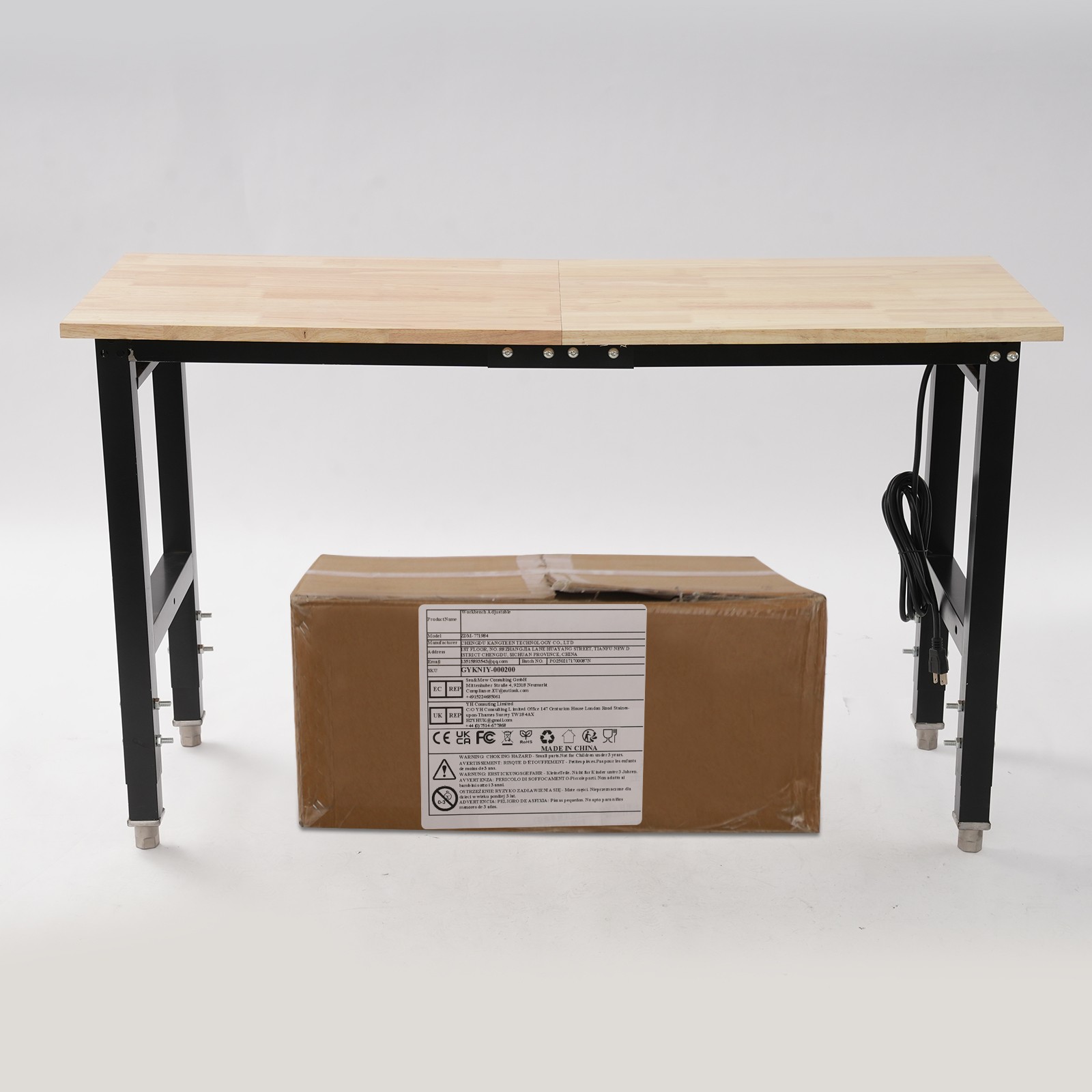 Adjustable Height Workbench w/ Power Strip Working Table Heavy-Duty Work Desk