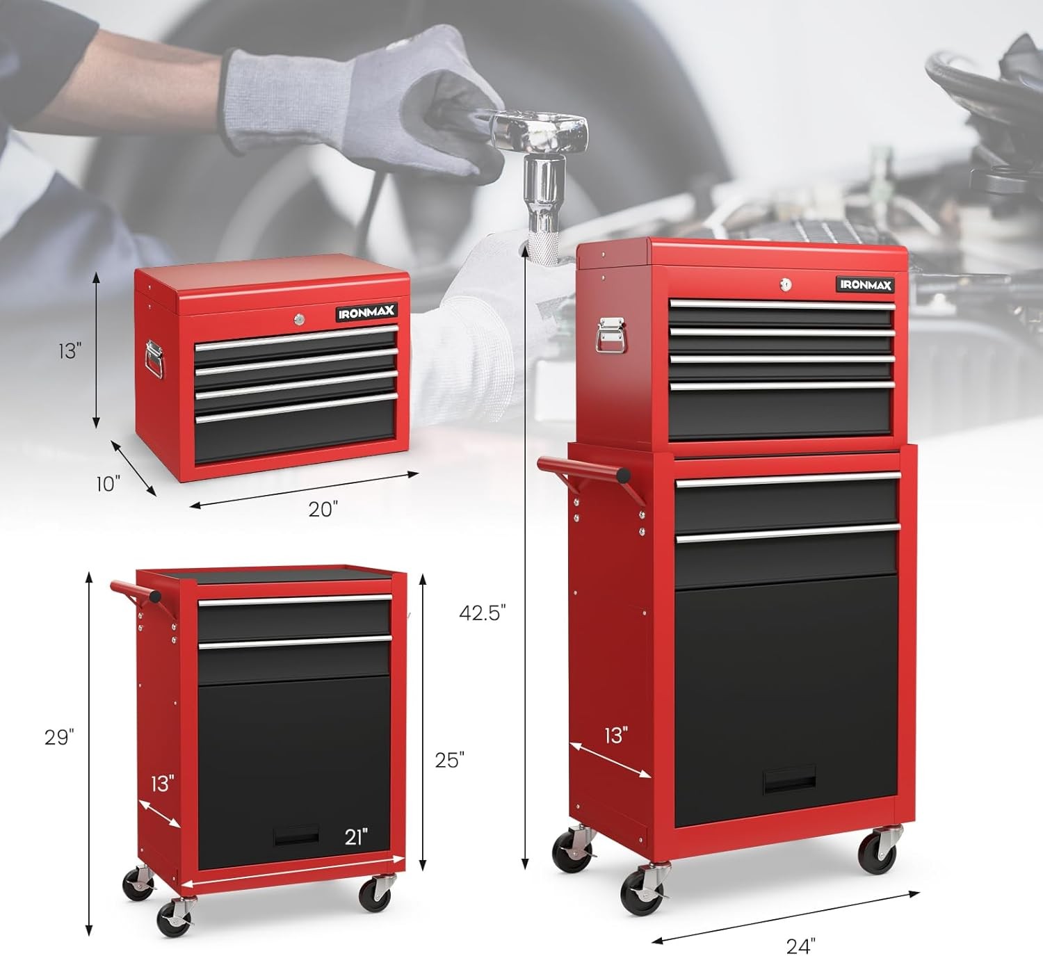 Tool Chest 6 Drawers Rolling Tool Cabinet W/ Detachable Top Toolbox Universal