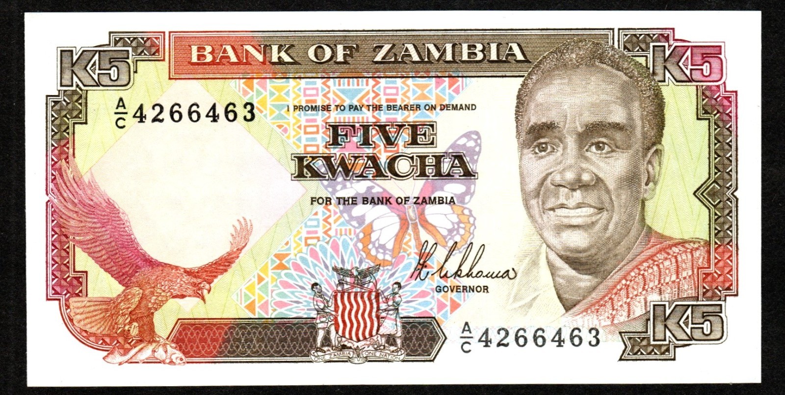 ZAMBIA 5 KWACHA BANKNOTE CURRENCY 1986 PREFIX A/C - UNC