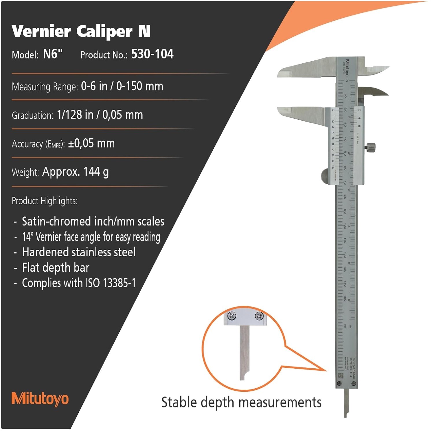High Precision Stainless Steel Caliper, 0-150mm Metric Range