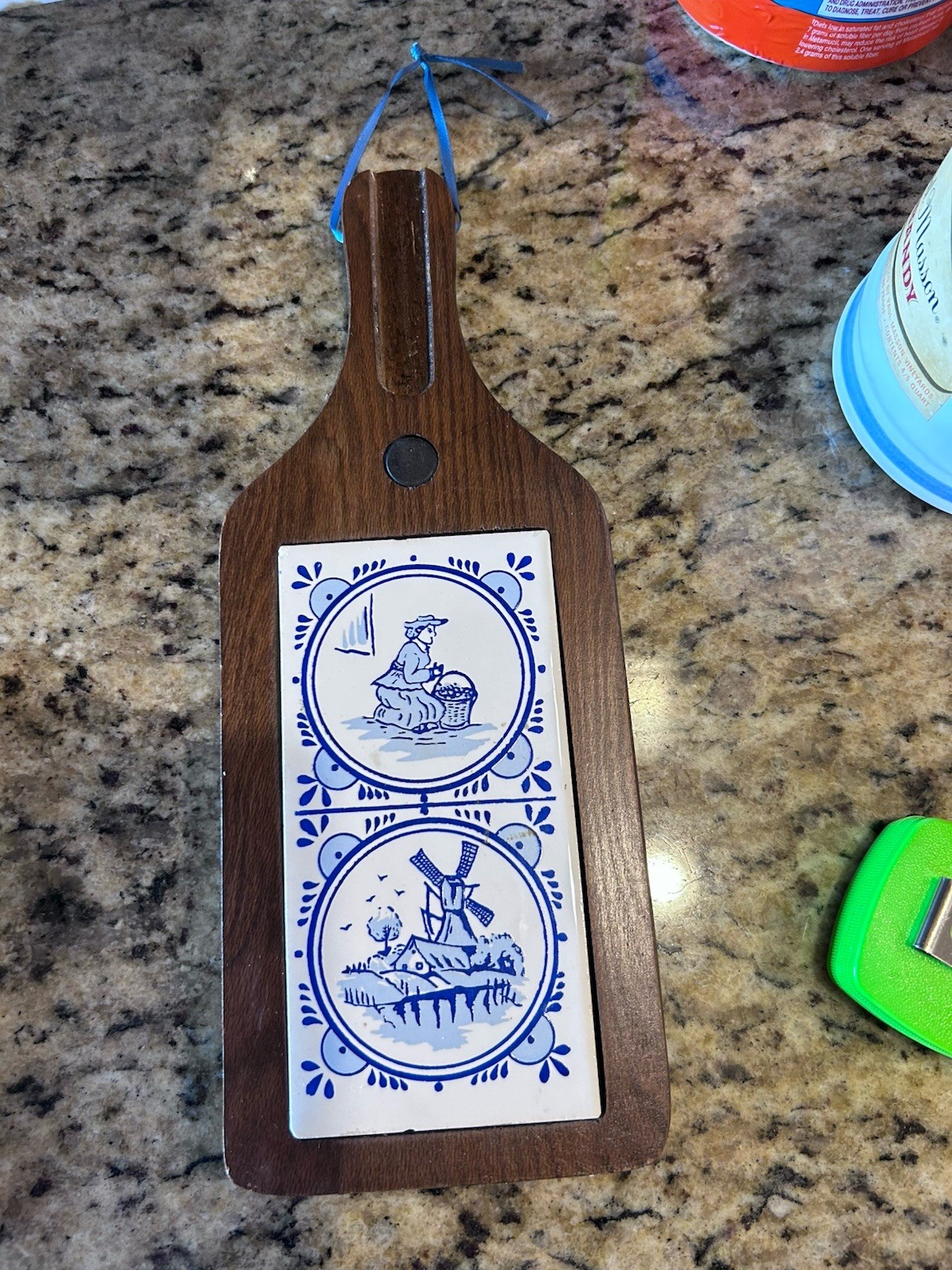 Cheeseboard With Delft Tiles 11.5 X 4.5 In. Wooden Back.