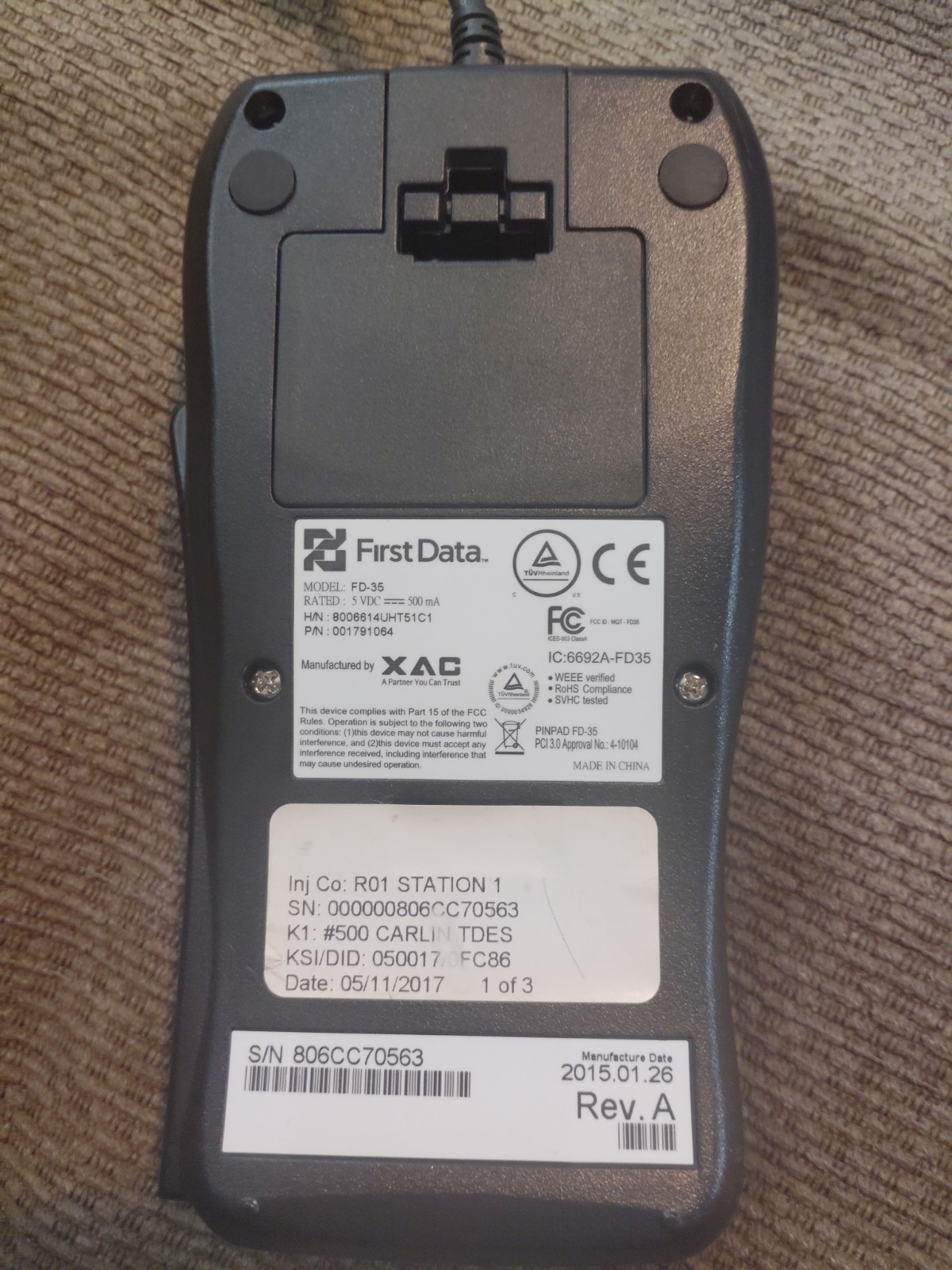 First Data FD-35 Pin Pad Credit Card Reader( Powers On Untested)