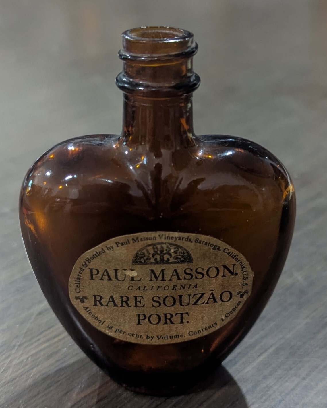 VINTAGE 3.5" Heart-Shaped Amber Glass Bottle by Paul Masson (Rare Souzao Port)