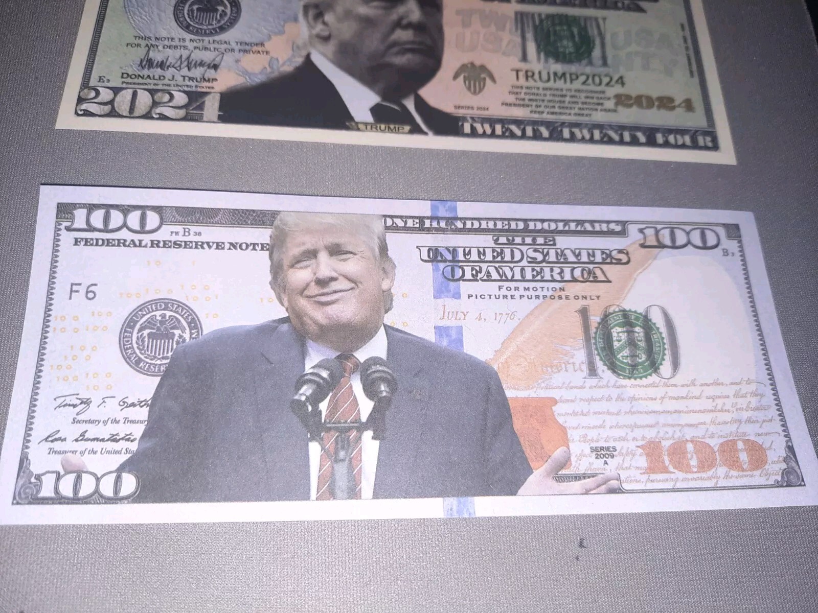 Set Of 4 Donald Trump 2024 & $100 Prank Fake Presidential Bills MAGA USA 45 47