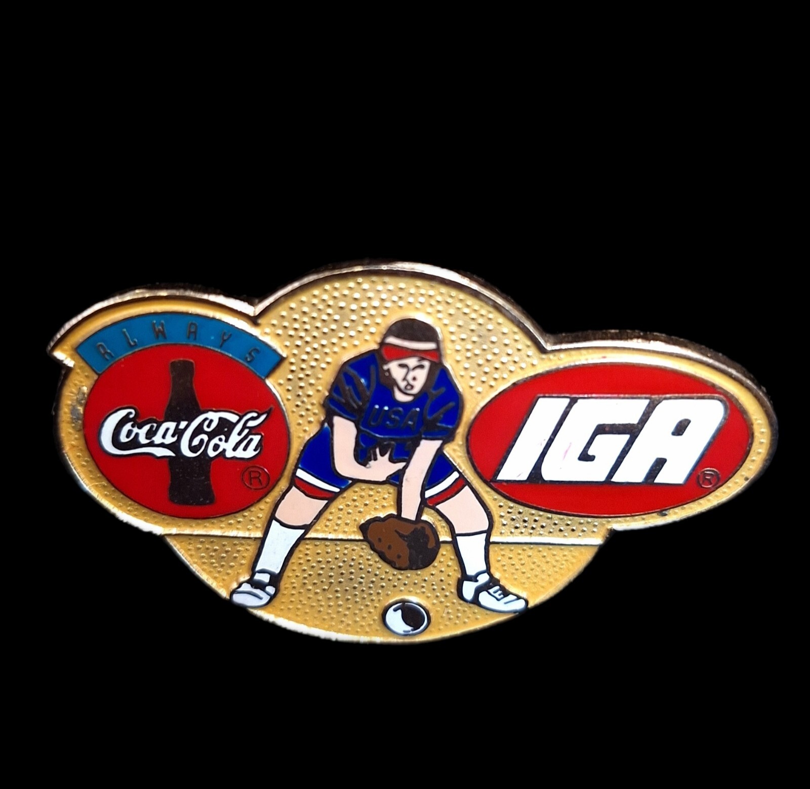 Vintage 1995 IGA Baseball Softball Coca Cola Gold Metallic Collectible Pin