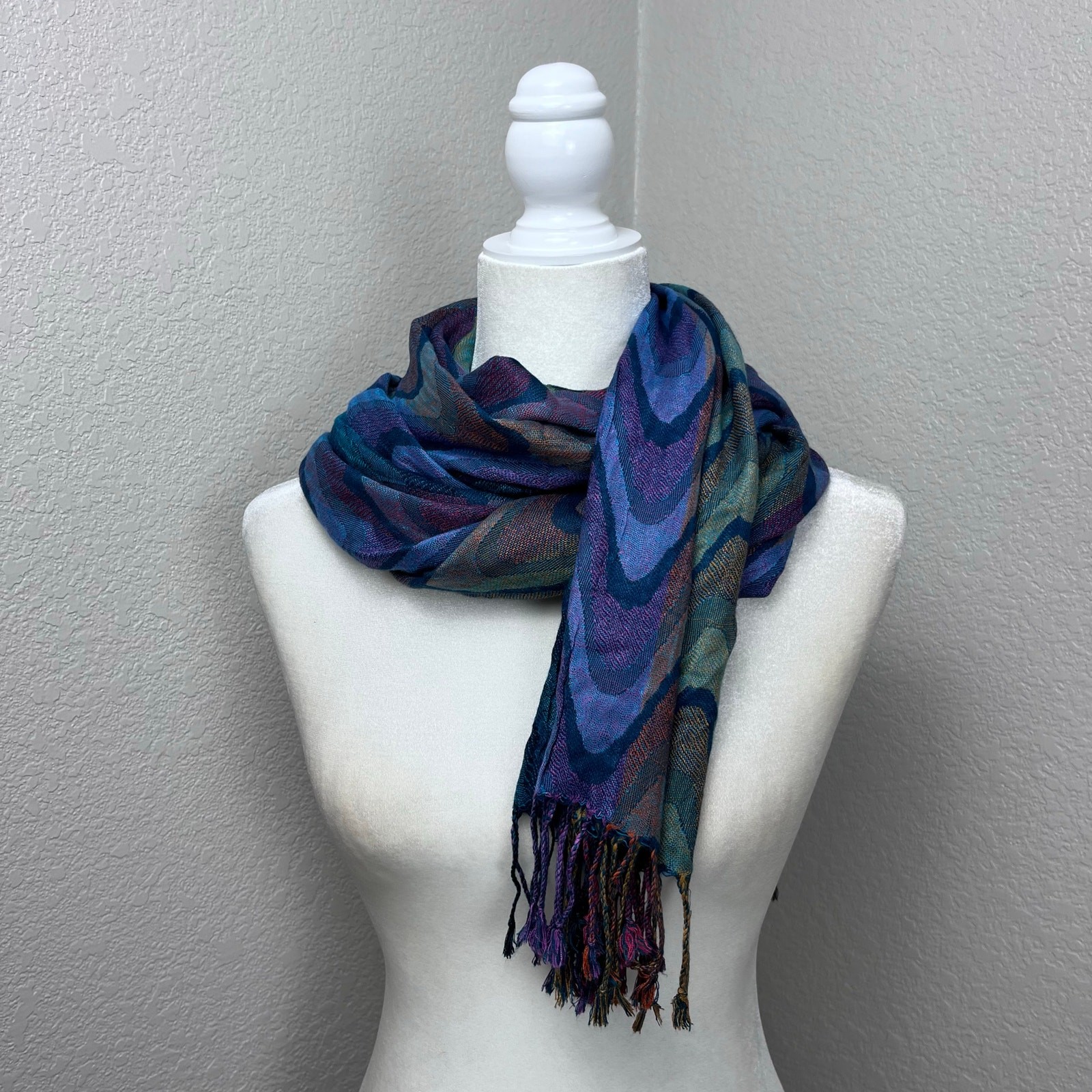 Joy Susan Sheer Scarf Colorful Blue Purple Artsy Fringe Boho Wrap Pashmina