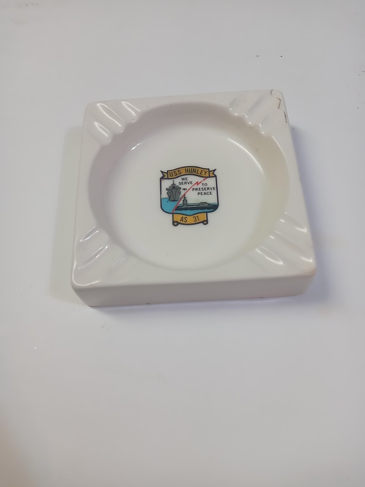 USS Hunley AS 31 Ashtray White We Serve To Preserve Peace VTG Navy Submarine