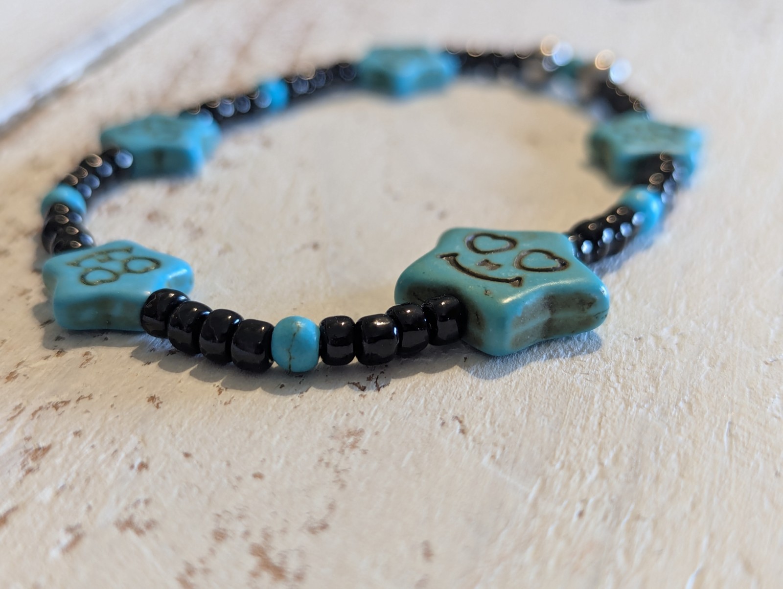 Beaded Adjustable Stretchy Bracelet Blue Turquoise Star Smiley Face Charms Skull
