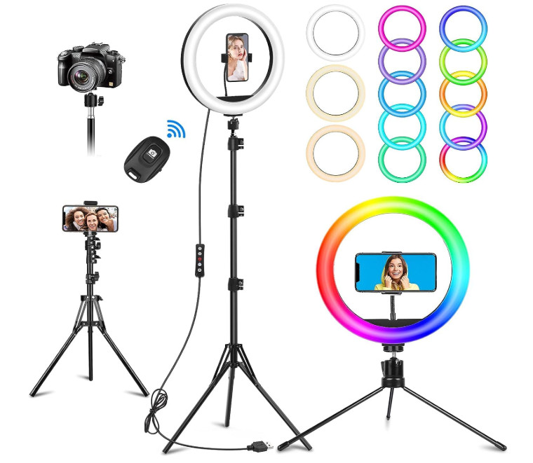 Aro de luz LED 10,3” RGB con trípode y control remoto para fotos y video. Incluy