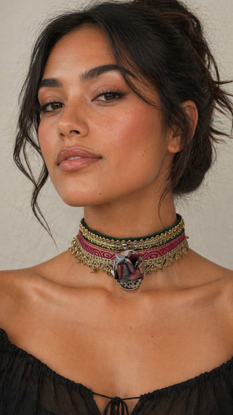 Artisan Boho Statement Choker Necklace Gold Metallic + Handmade Pendant | OOAK