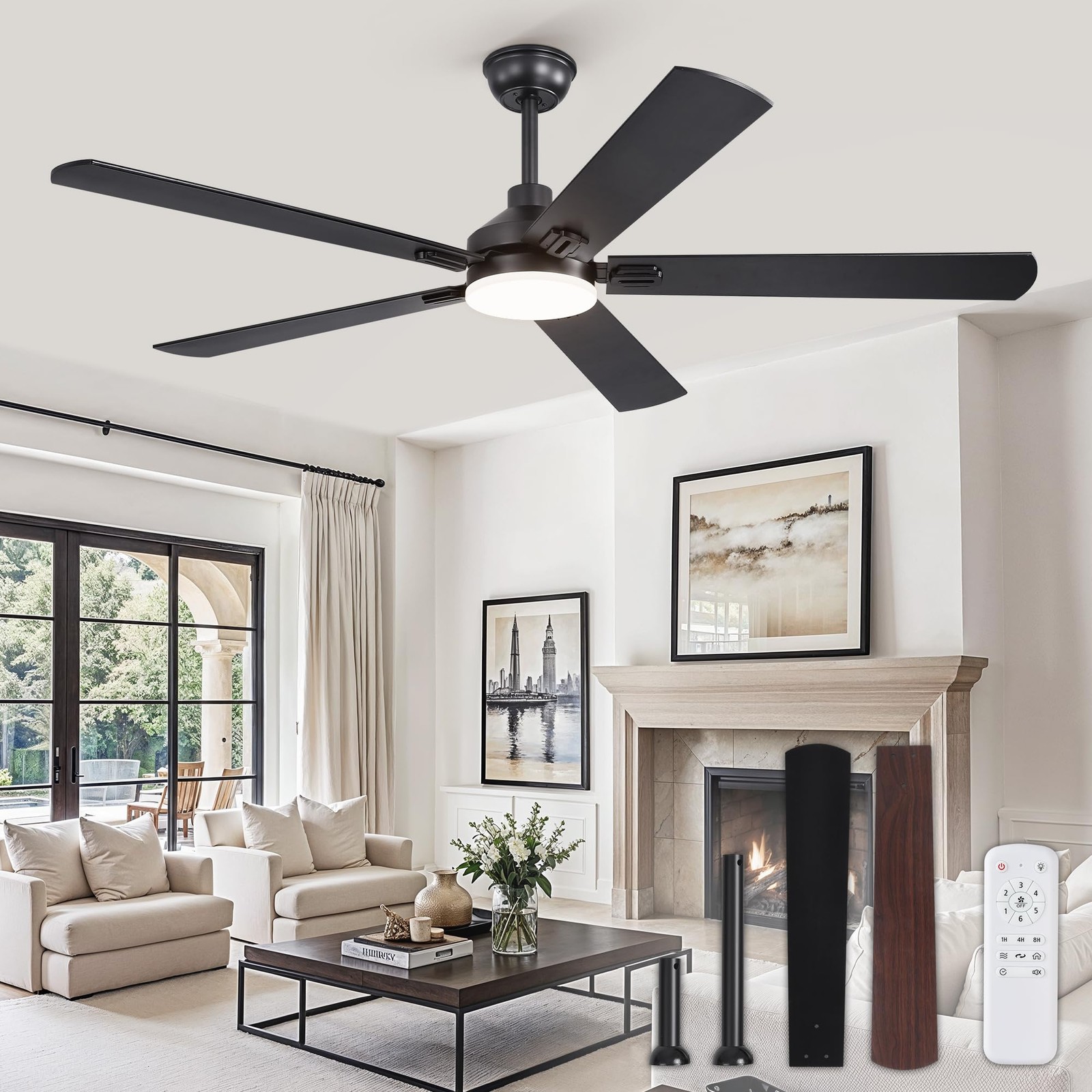 Zmishibo 60 Ceiling Fan with Light - Modern Black Remote Control