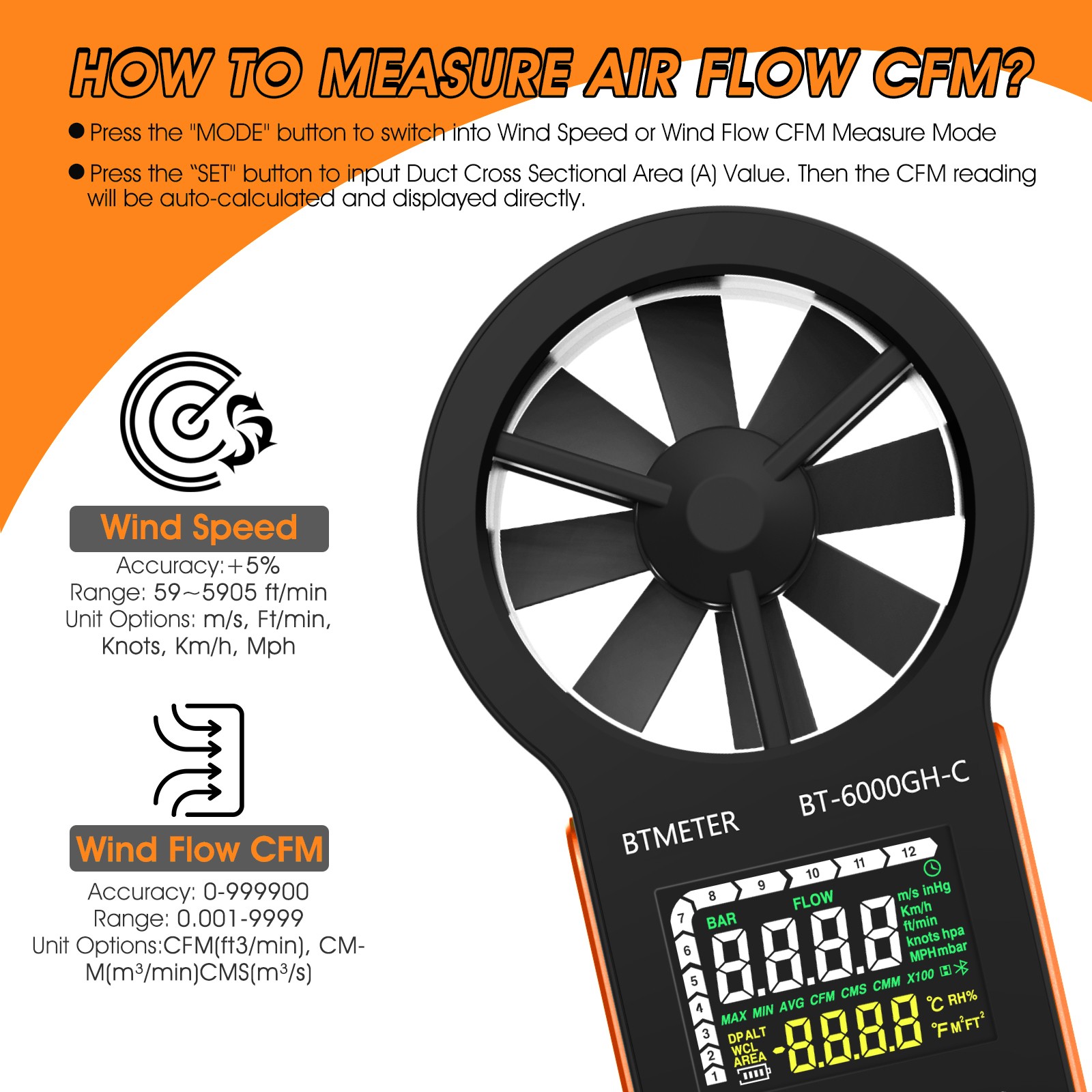 Precision Anemometer 0.3-30 m/s - Airflow (CFM/CMM) & Temp Gauge, Hold Function