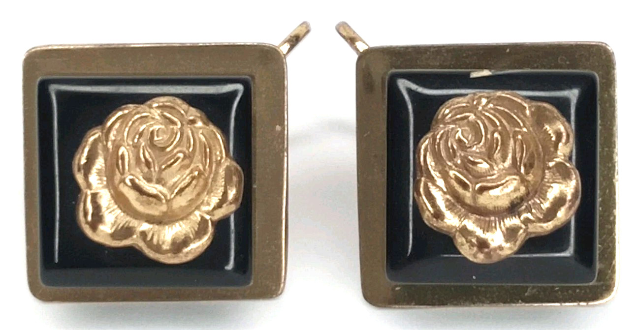 Vintage Screw-Back Earrings Gold Tone Open Rose On Black Lucite Jewelry