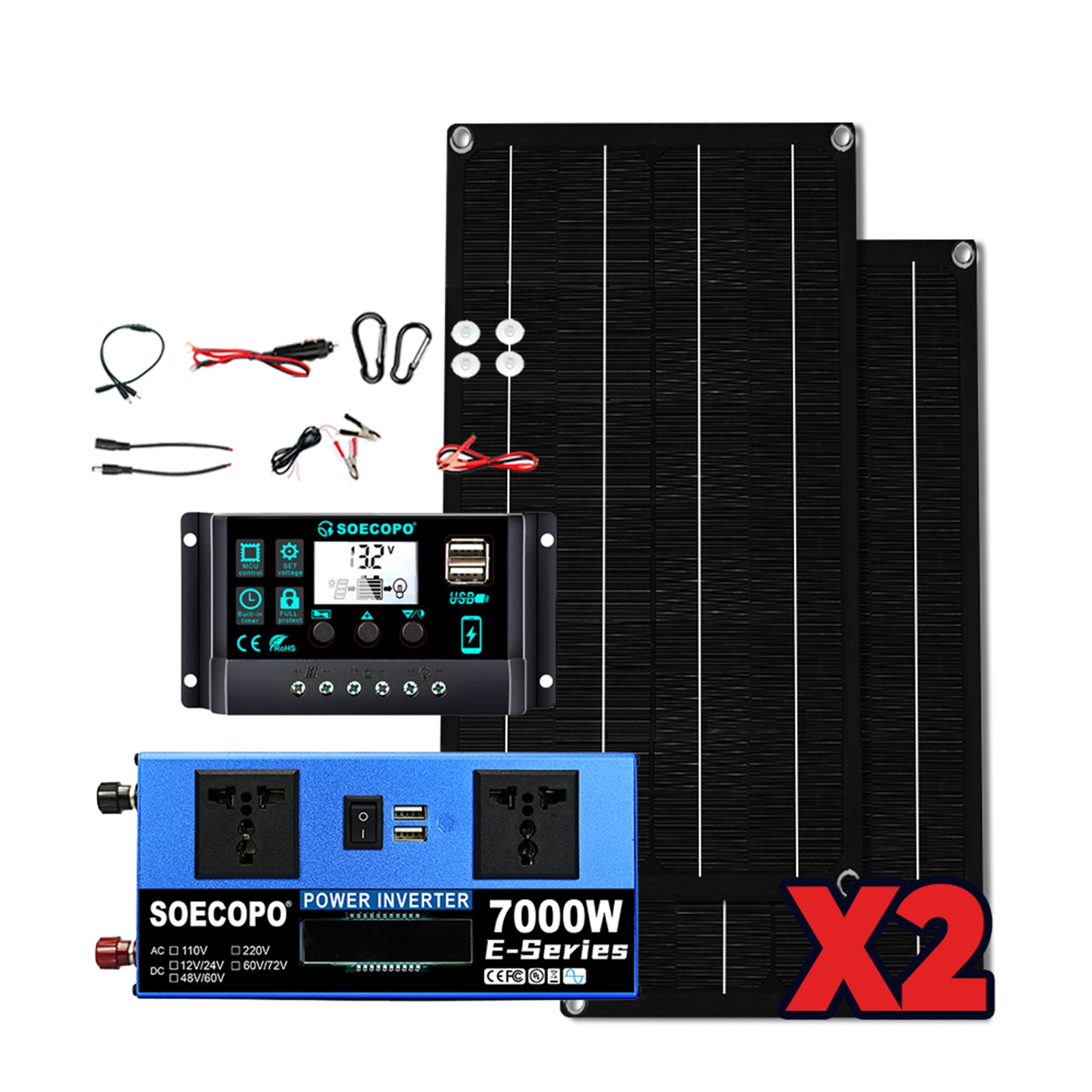 7000W Solar Kit | Sine Wave Inverter+2High-Conversion Solar Panels+100A Charger
