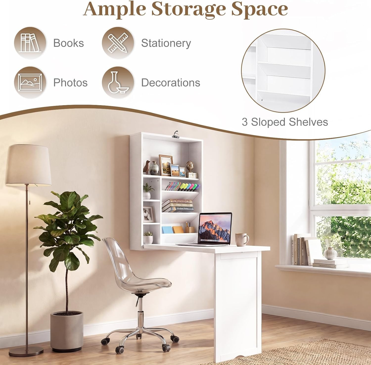 Folding Wall Mounted Desk, Convertible Fold Out Floating Table with Storage Shel