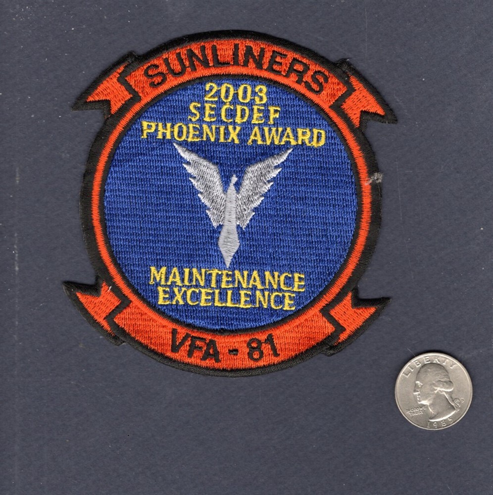 VFA-81 SUNLINERS 2003 Phoenix Award NAVY F-18 Hornet Squadron Maintenance Patch