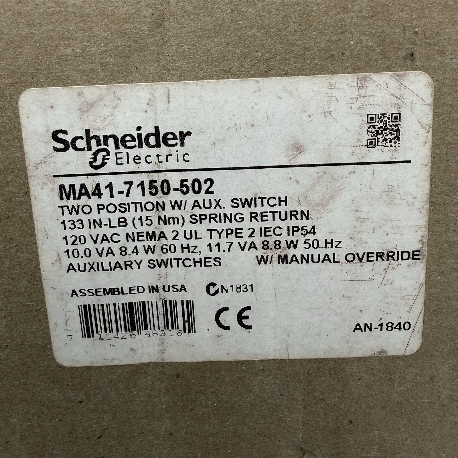 Schneider SmartX MA41-7150-502 Two Position Spring Return Actuator 120 Vac 60 lb