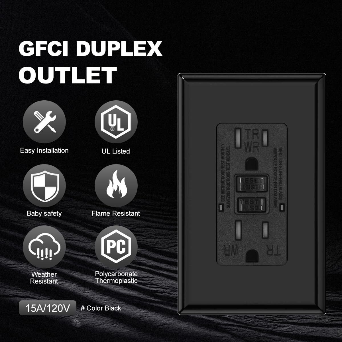 15A GFCI Receptacle Outlet,WR TR Tamper Resistant,LED Indicator,Black,ETL listed