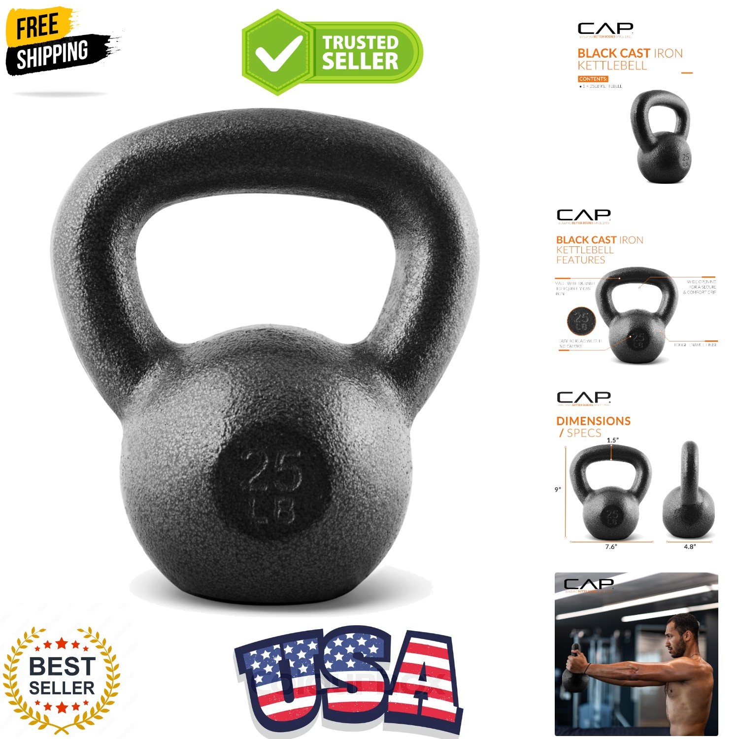 Cast Iron Kettlebell - Coated Options, Singles and Sets, Multiple Weight Choices