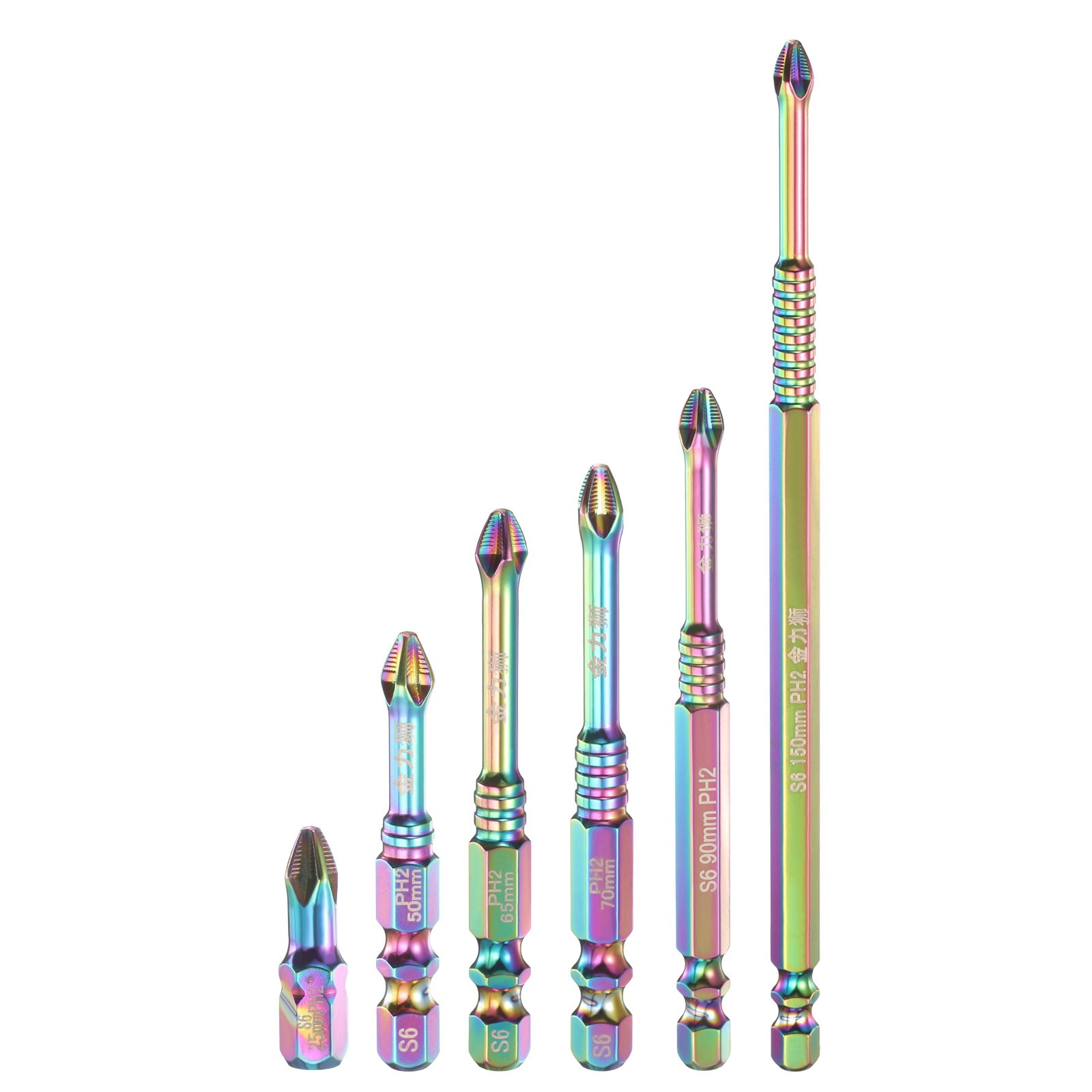 6pcs Anti Slip Phillips Screwdriver Bit Set PH2 1/4" Shank 1"-6" Long Magnetic