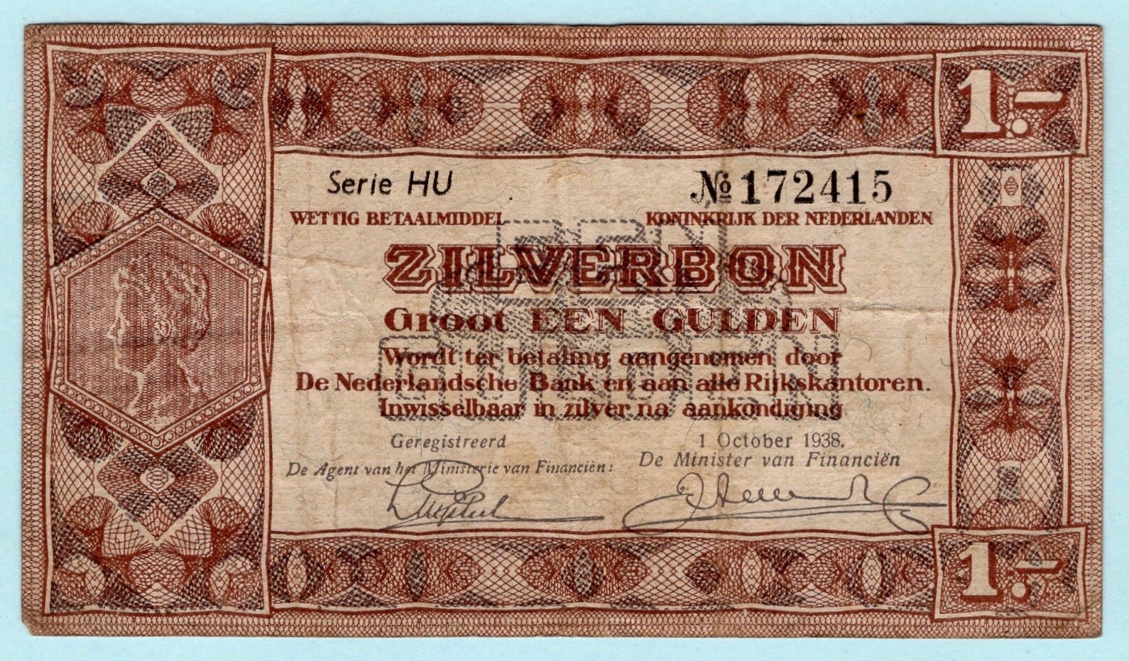 Netherlands 1938 Banknote 1 Gulden, P-61, Silver Voucher, Queen Wilhelmina