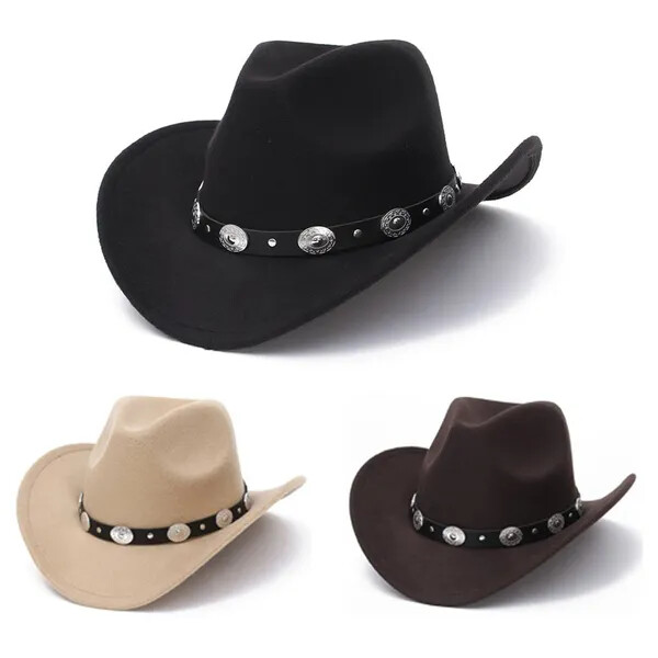 Western Cowboy, Cowgirl Hat, Silver Strap, Men Women Retro Wide Brim, Adjustable