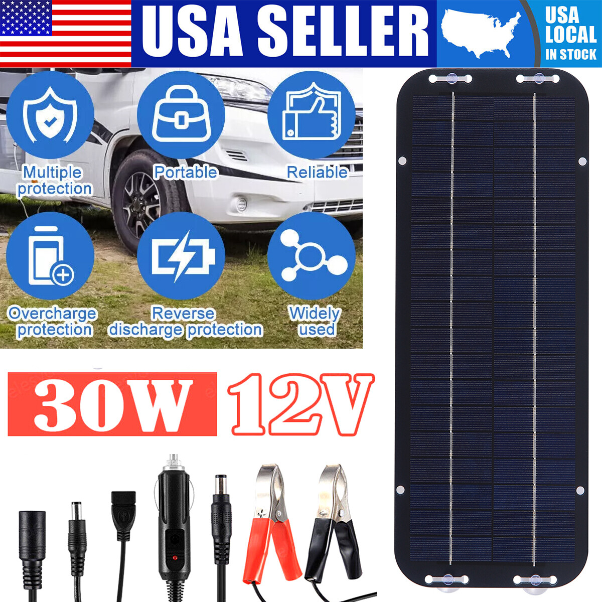 30W Solar Panel 12V Trickle Charger Battery Charger Kit Maintainer Boat RV Car