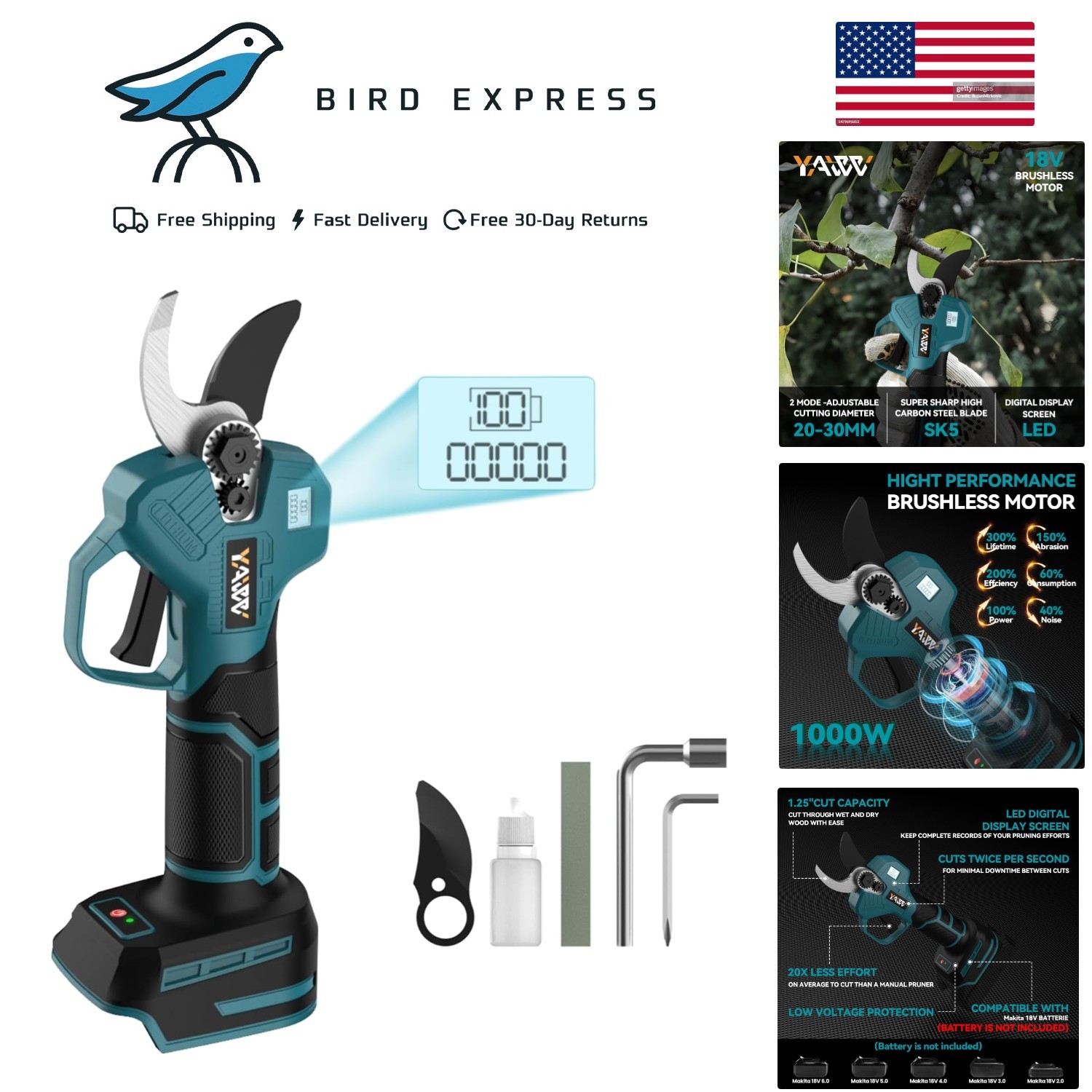 Cordless Electric Pruning Shears for Makita 18V Battery, LCD Display, SK5 Blades