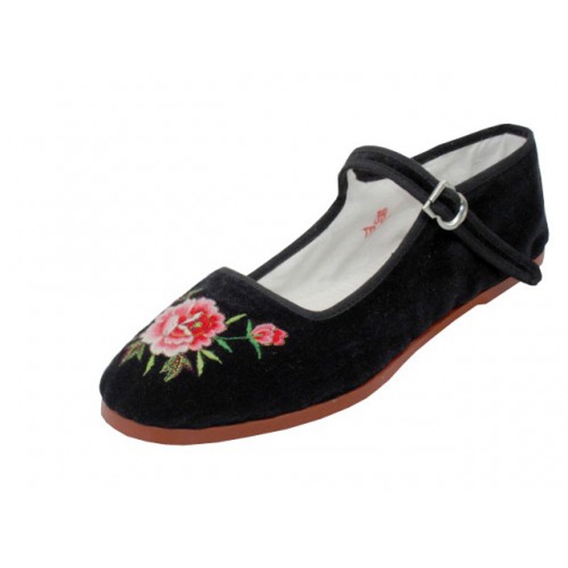 Women's Chinese Mary Jane Floral Velvet Shoes Slippers Black - Sizes 35-40 New