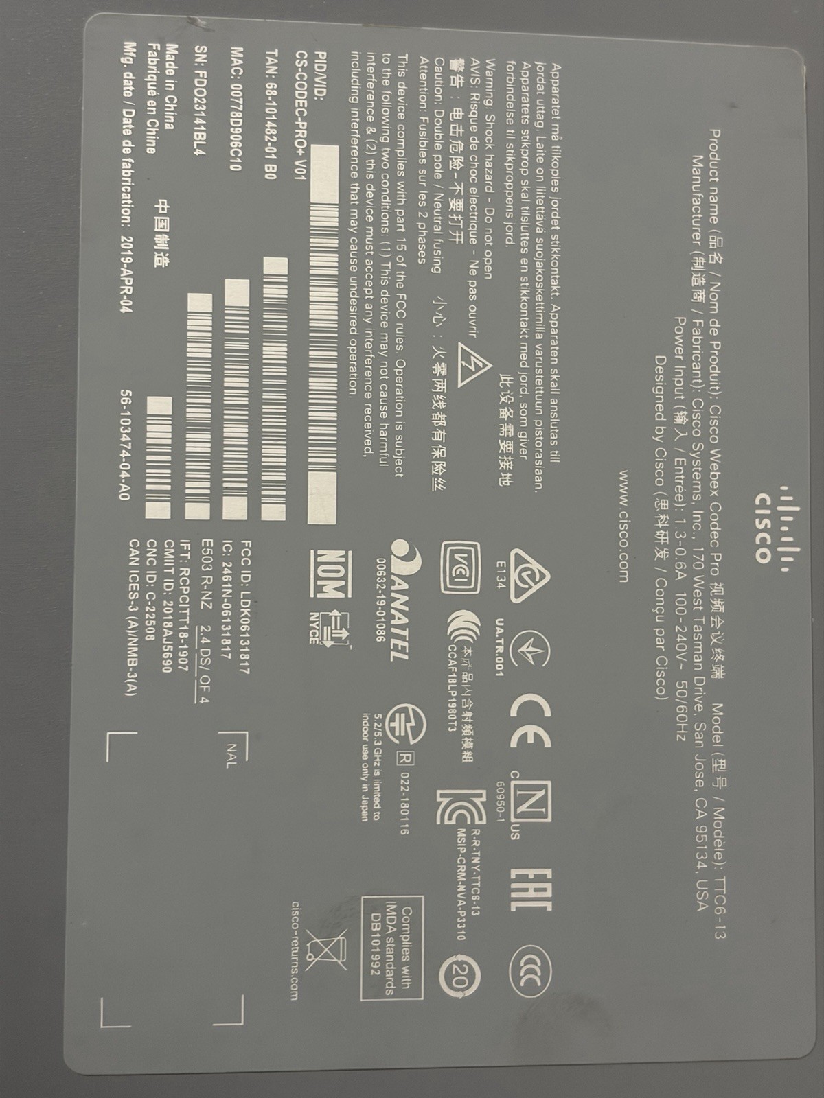 Cisco Webex Codec Pro TTC8-13 Video Conferencing Unit Powers On Clean