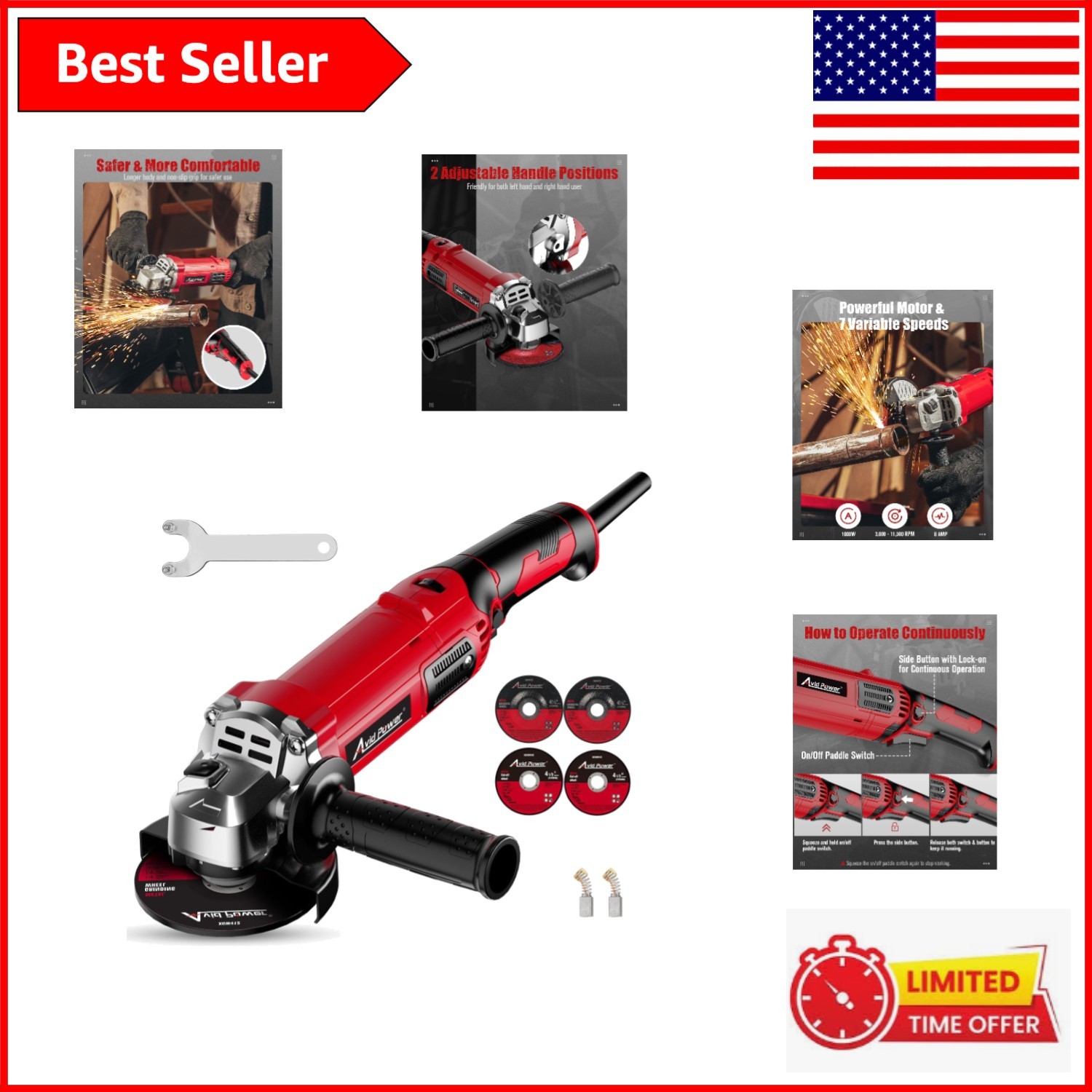 Powerful 4-1/2 Inch Angle Grinder - 8.0 Amp, 11,500 RPM with Variable Speeds