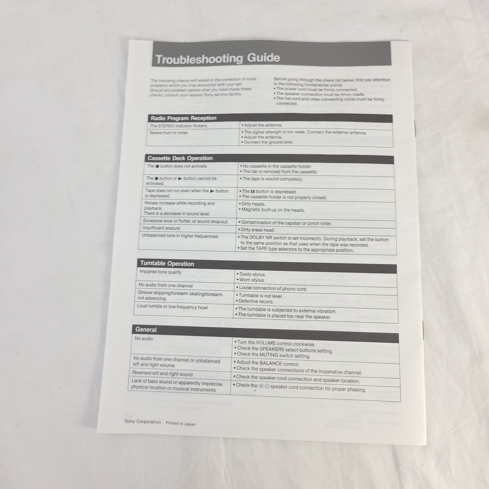 1988 Sony SEN-280 Stereo Component System Original Owner’s Instructions Manual