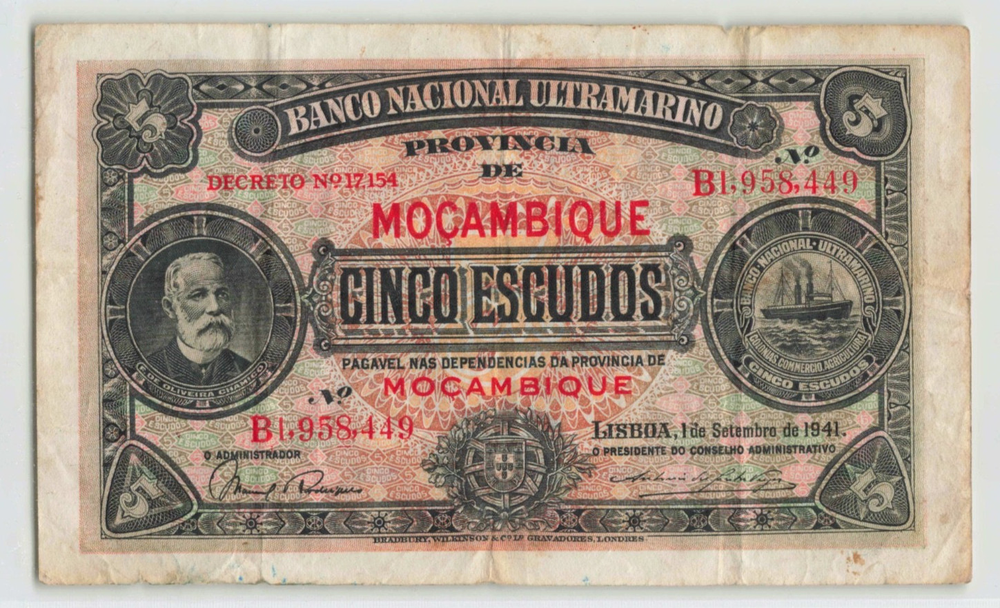 MOZAMBIQUE 5 Escudos 1941, P-83a, Rare Signatures, B1,958,449, Crisp VF. K3