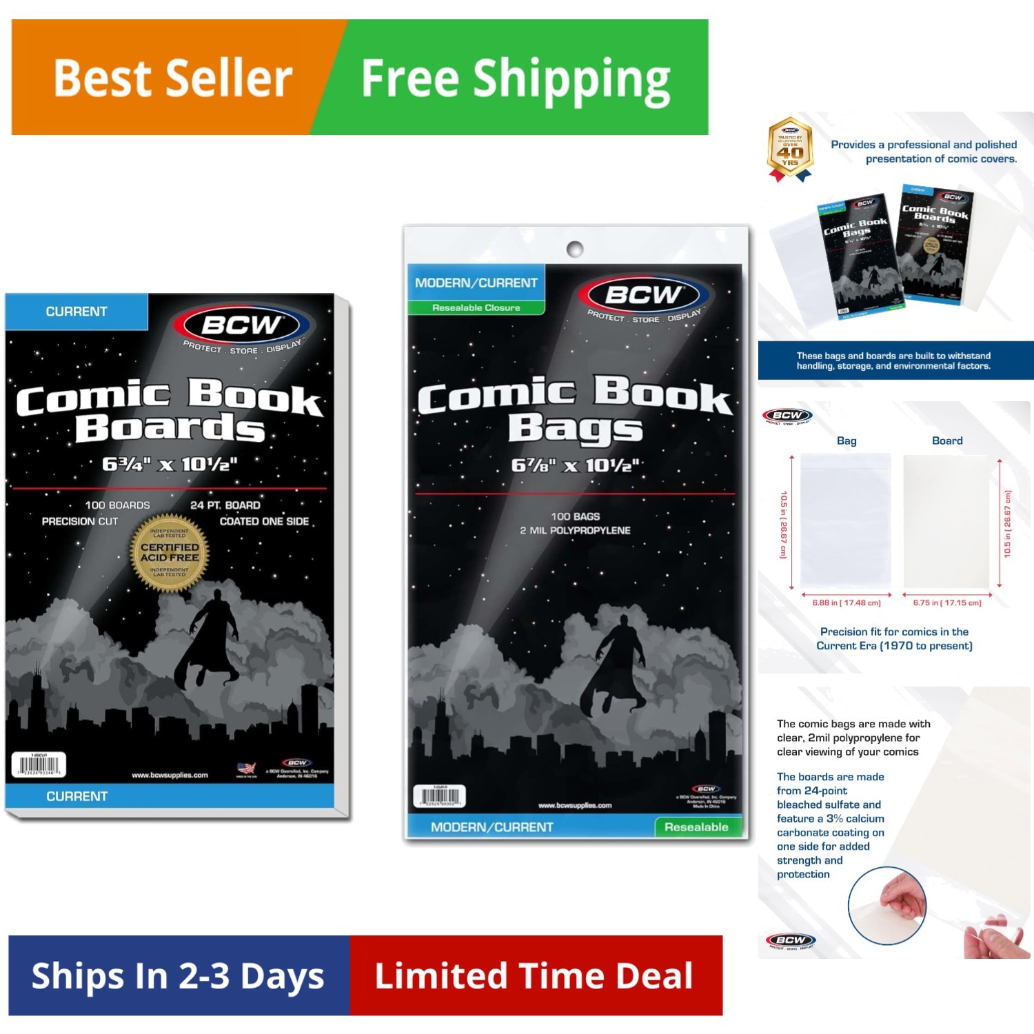 Resealable Current Comic Book Combo Pack | 100 Pack for Acid-Free Backing Boa...