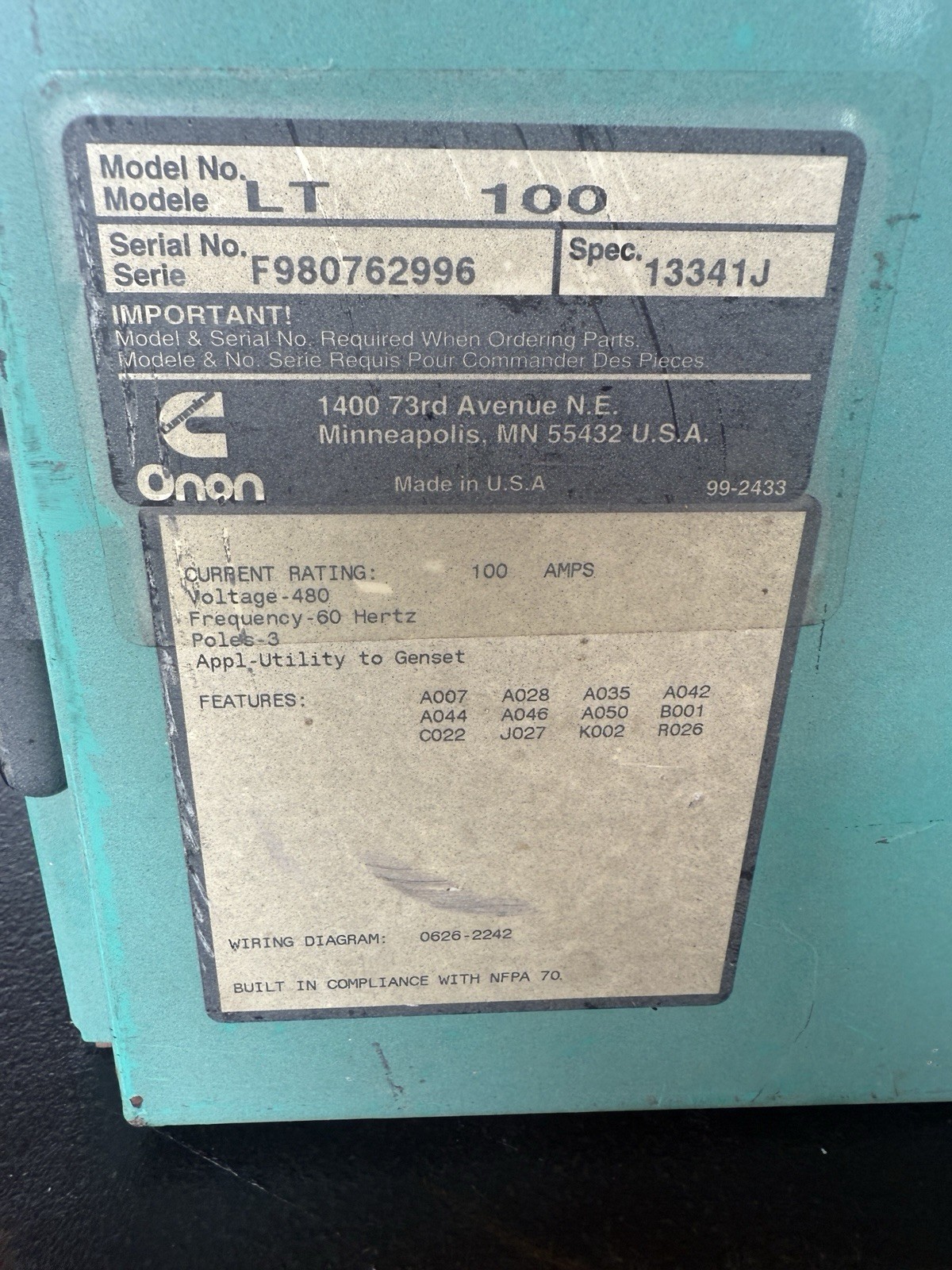 Onan Transfer Switch LT 100