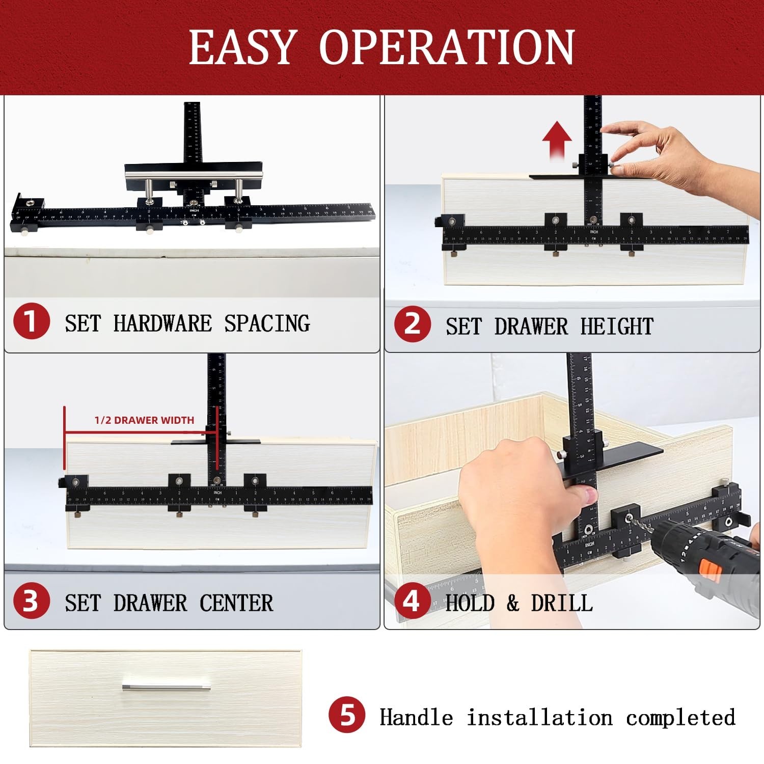 Adjustable Cabinet Hardware Jig Tool - Drill Guide for Handles & Knobs, Punch Lo