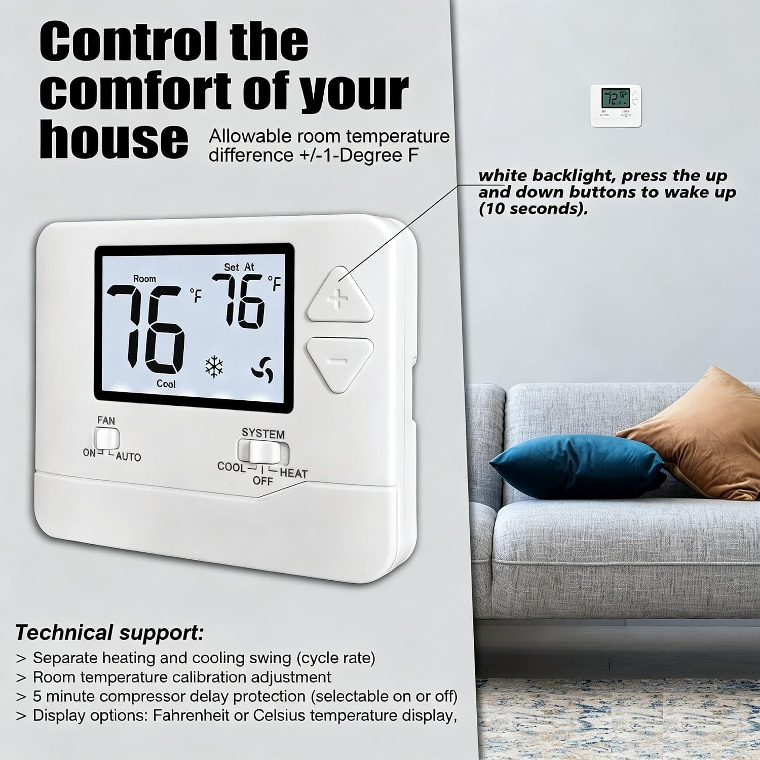 1H/1C Manual Thermostat with Backlit Display—Energy Efficient Control