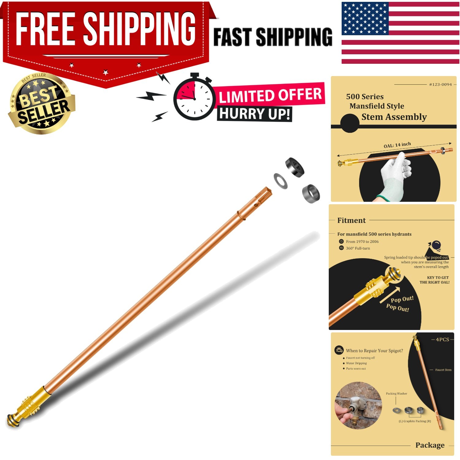 14-Inch Stem Assembly for Mansfield 500 Hydrants (1970-2006) - Fix Leaks Fast