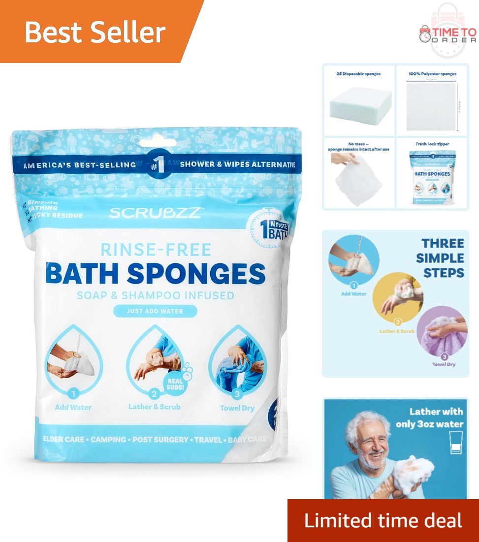 Disposable Bathing Wipes Water-Activated 25 Pack All-in-1 Rinse Free Shower