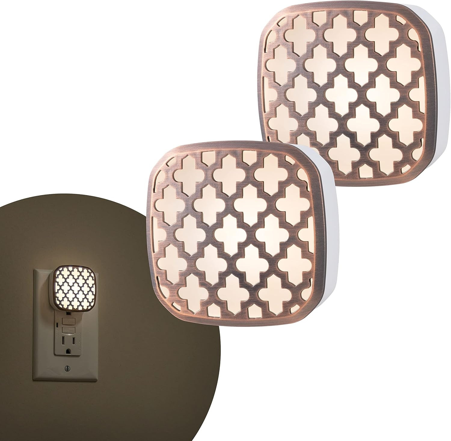 Decorative LED Night Light, Oil-Rubbed Bronze Moroccan Design, Plug-in, Dusk to