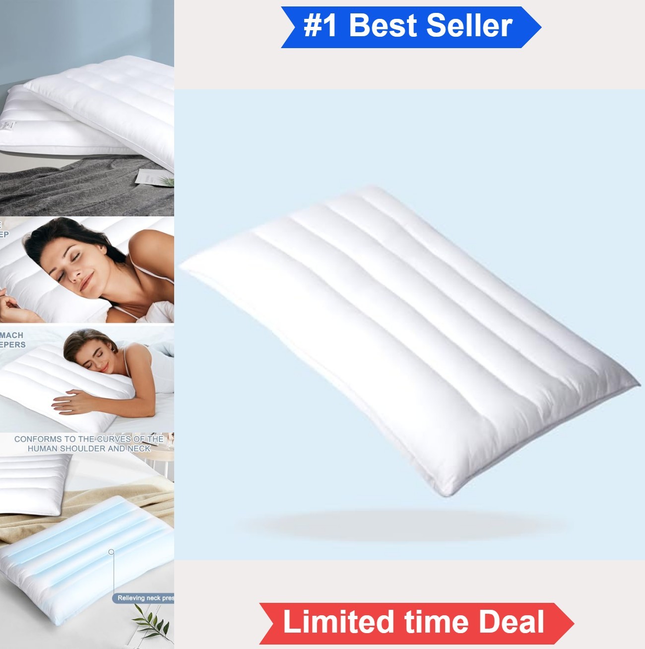 Thin Bed Pillow 2.5 Inch Flat Sleeper Standard 18x26 7D Fiber Washable Stomach